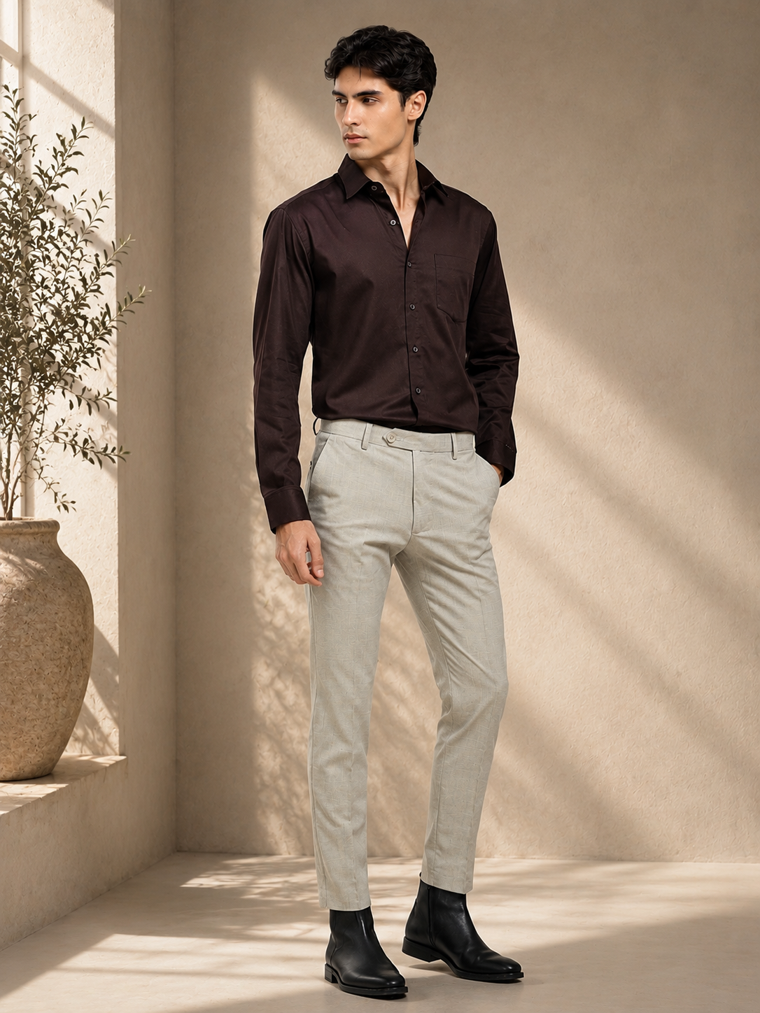 Roasted Bean Cotton Satin Stretch Solid Shirt