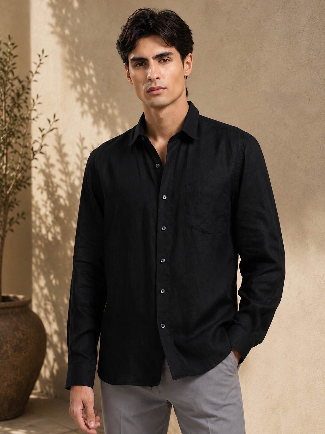Midnight Black Linen Solid Shirt
