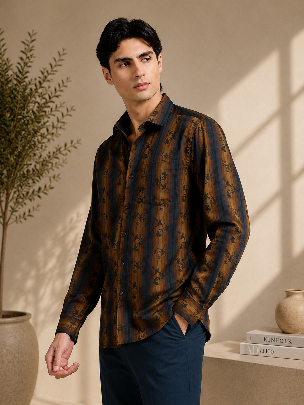 Midnight Copper Ornamental Floral Stripe Shirt