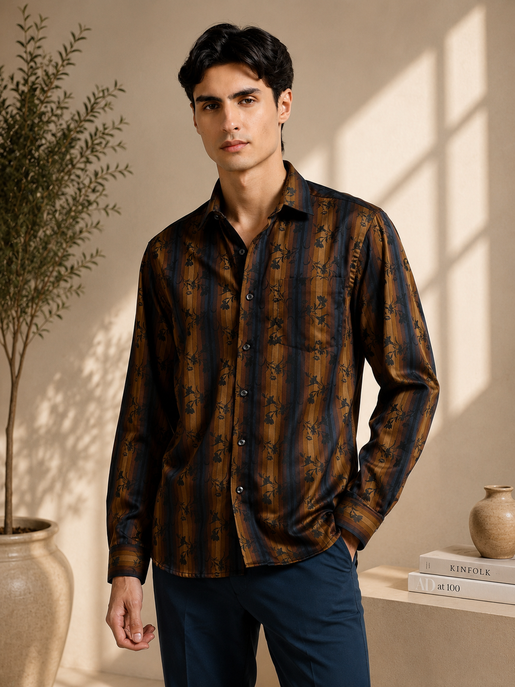 Midnight Copper Ornamental Floral Stripe Shirt