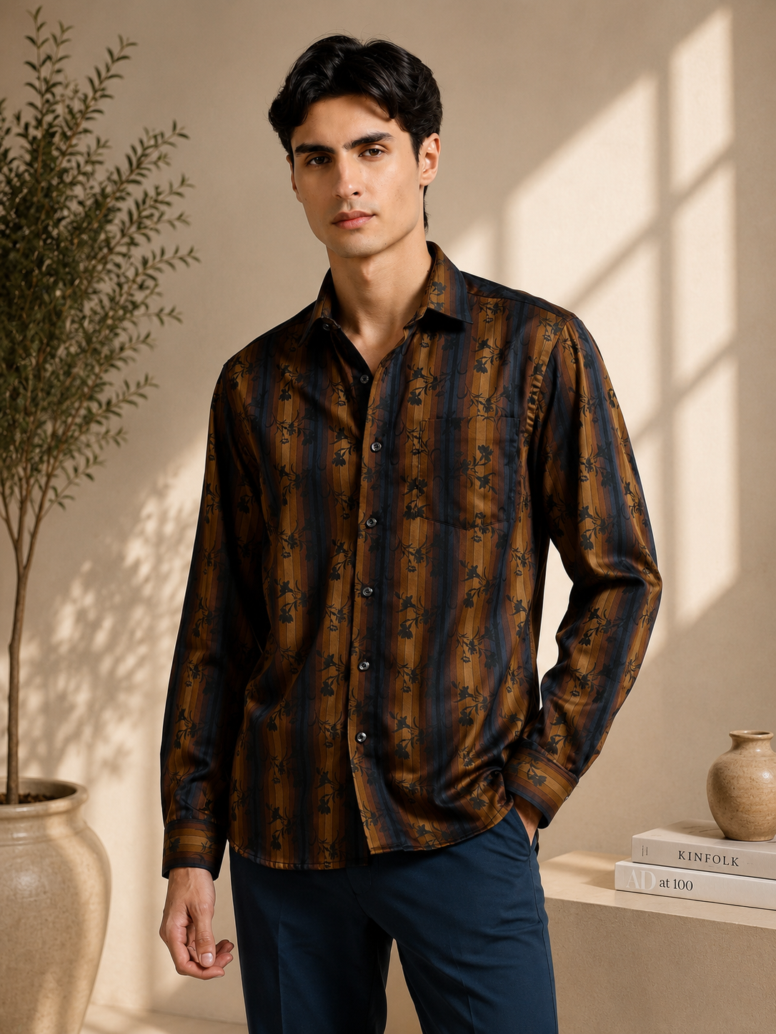 Midnight Copper Ornamental Floral Stripe Shirt