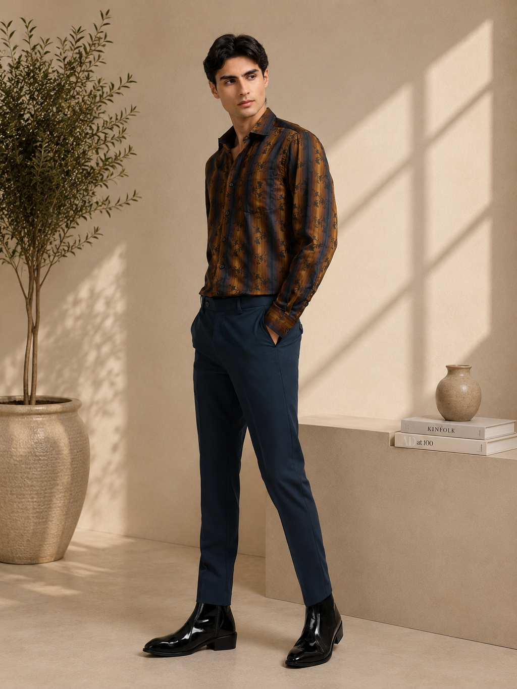 Midnight Copper Ornamental Floral Stripe Shirt
