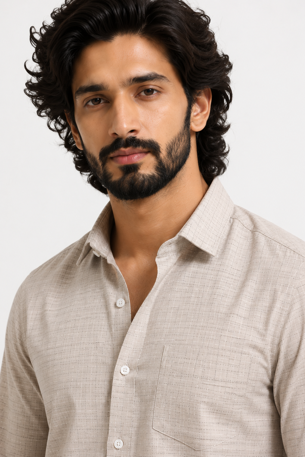 Sand Grid Windowpane Jacquard Shirt
