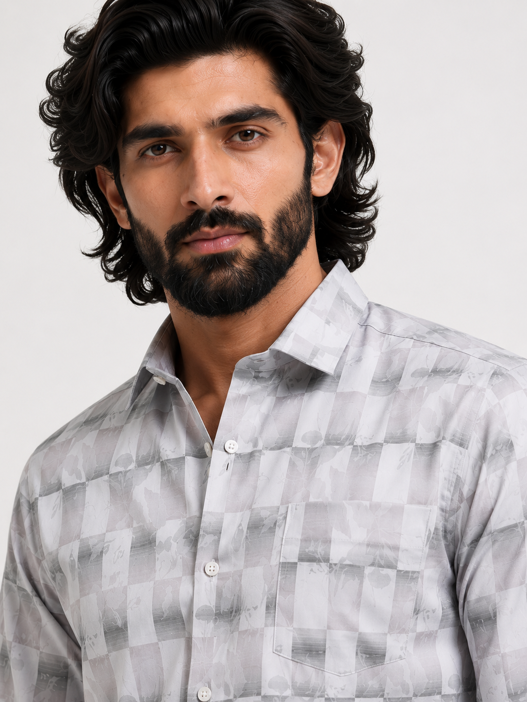 Silver Shadow Floral Checkerboard Jacquard Shirt