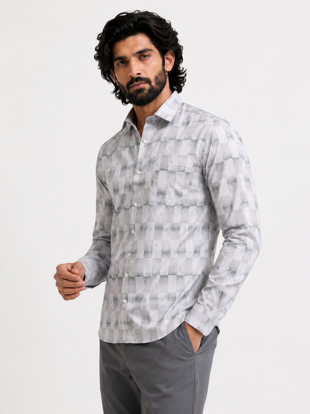 Silver Shadow Floral Checkerboard Jacquard Shirt