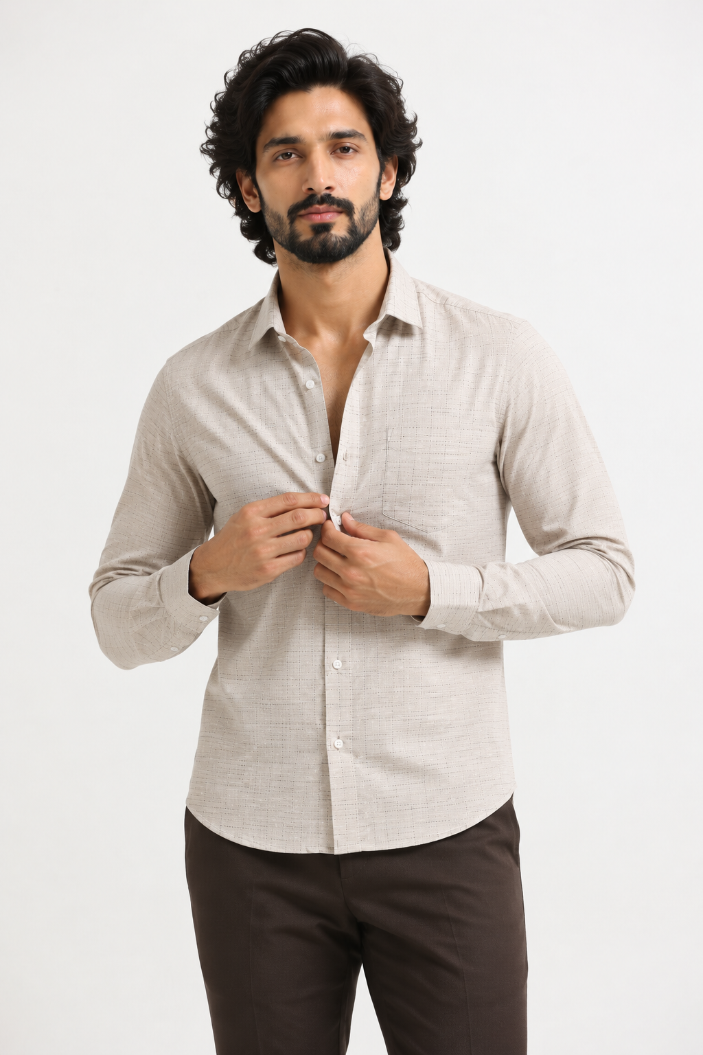 Sand Grid Windowpane Jacquard Shirt