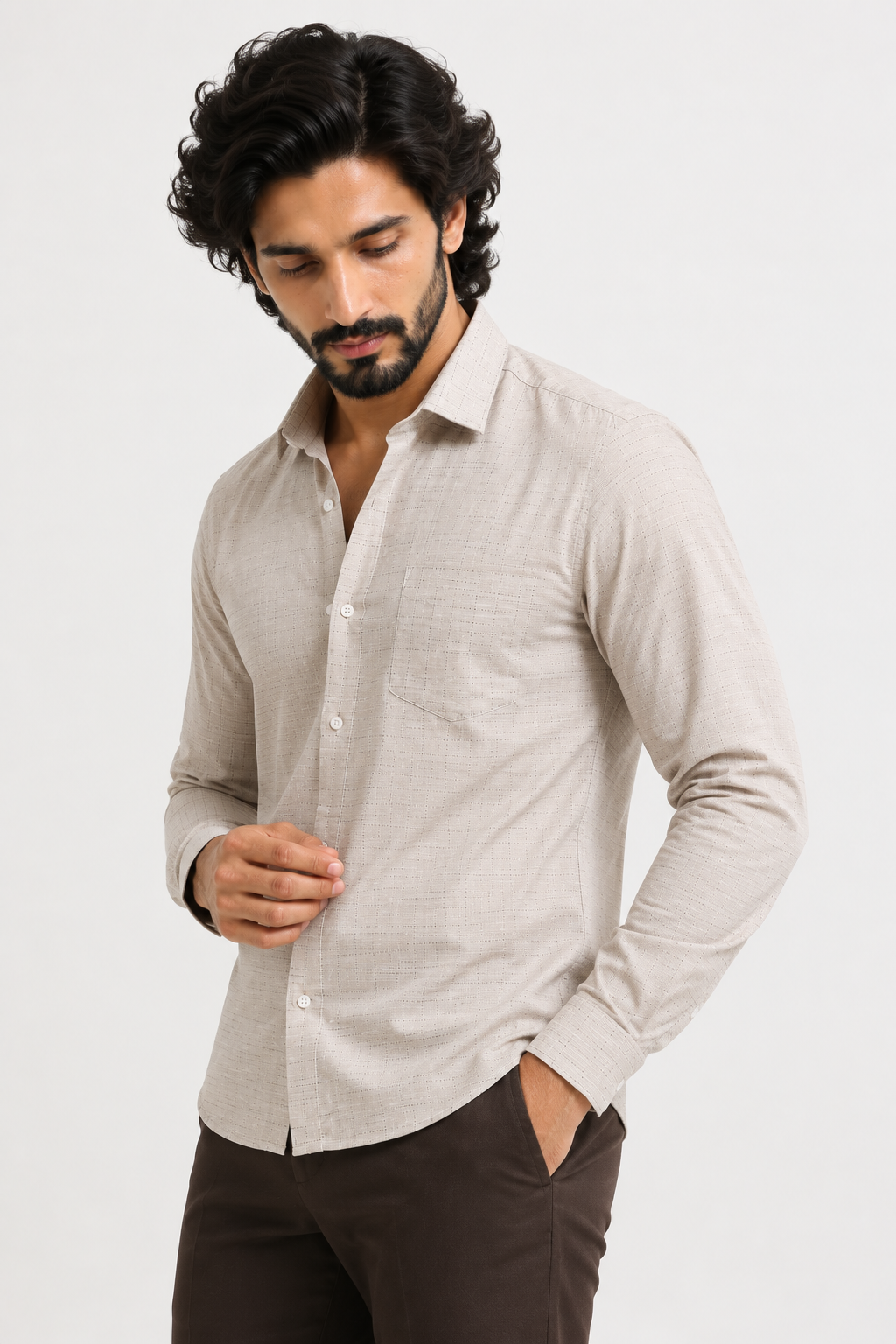 Sand Grid Windowpane Jacquard Shirt