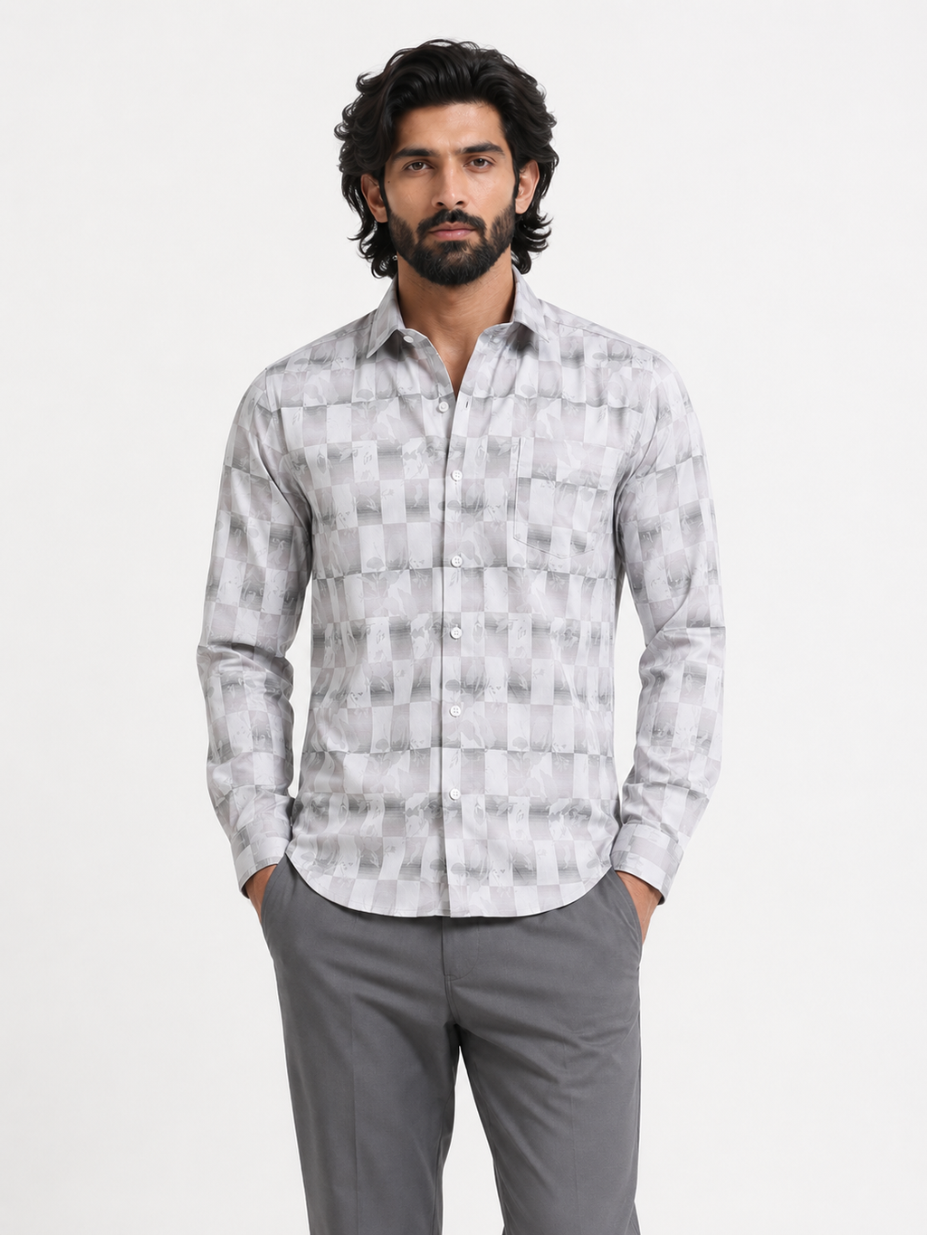Silver Shadow Floral Checkerboard Jacquard Shirt