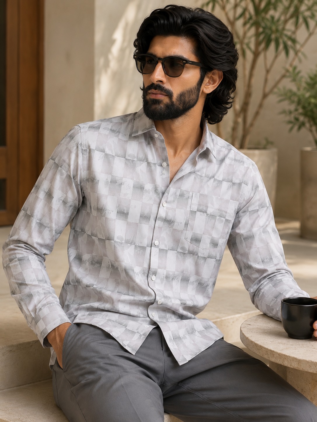 Silver Shadow Floral Checkerboard Jacquard Shirt