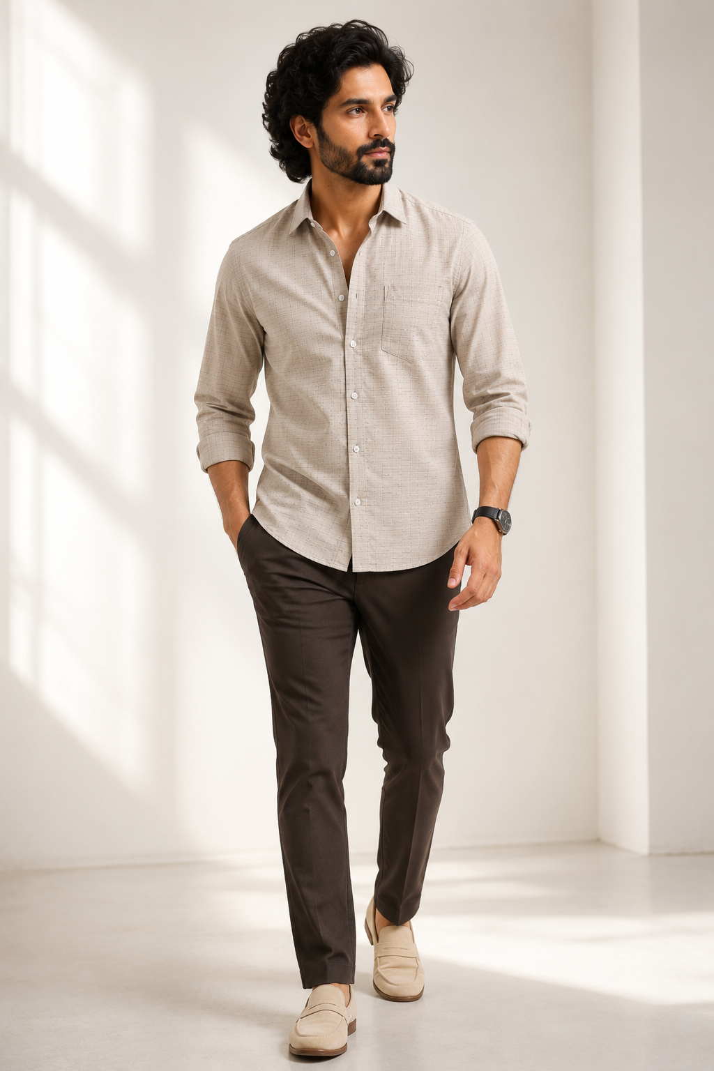 Sand Grid Windowpane Jacquard Shirt