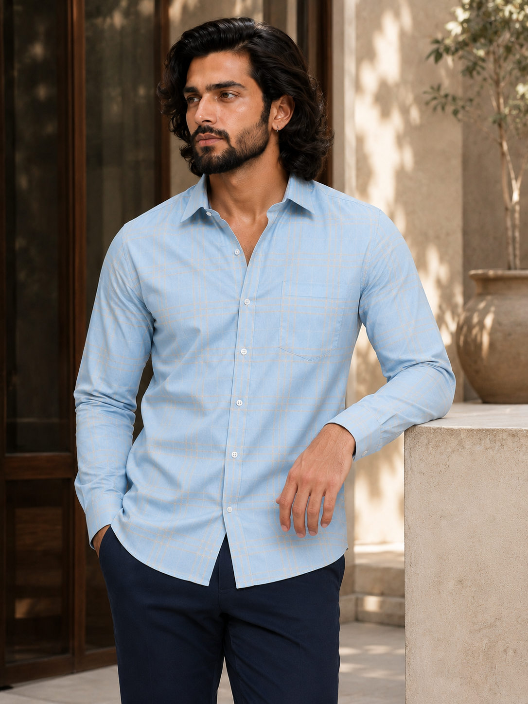 Sky Champagne Windowpane Jacquard Shirt
