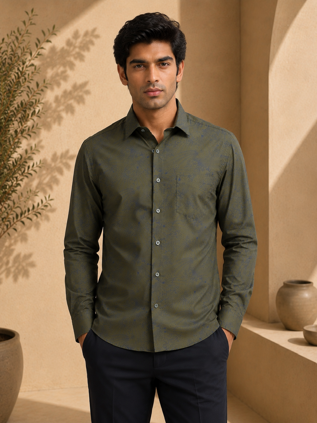 Obsidian Olive Artisan Flora Cotton Print Shirt