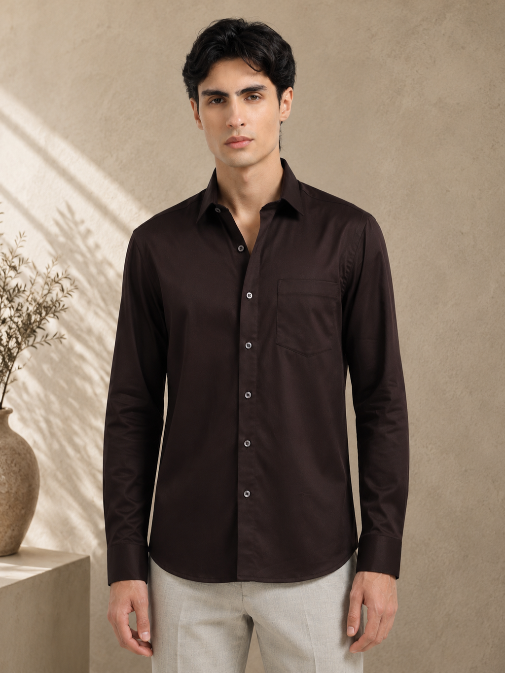 Roasted Bean Cotton Satin Stretch Solid Shirt