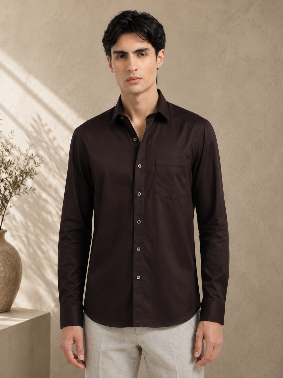 Roasted Bean Cotton Satin Stretch Solid Shirt