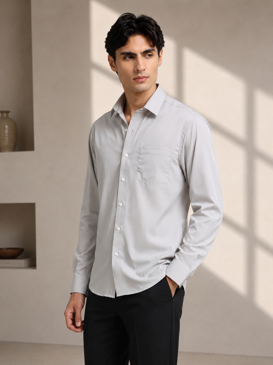 Steel Mist Cotton Satin Stretch Solid Shirt