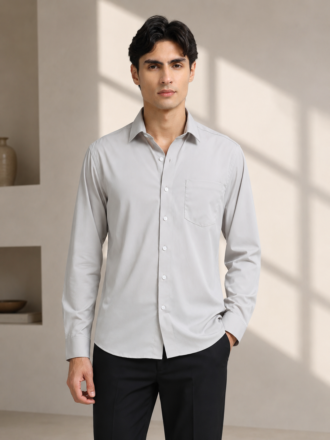 Steel Mist Cotton Satin Stretch Solid Shirt