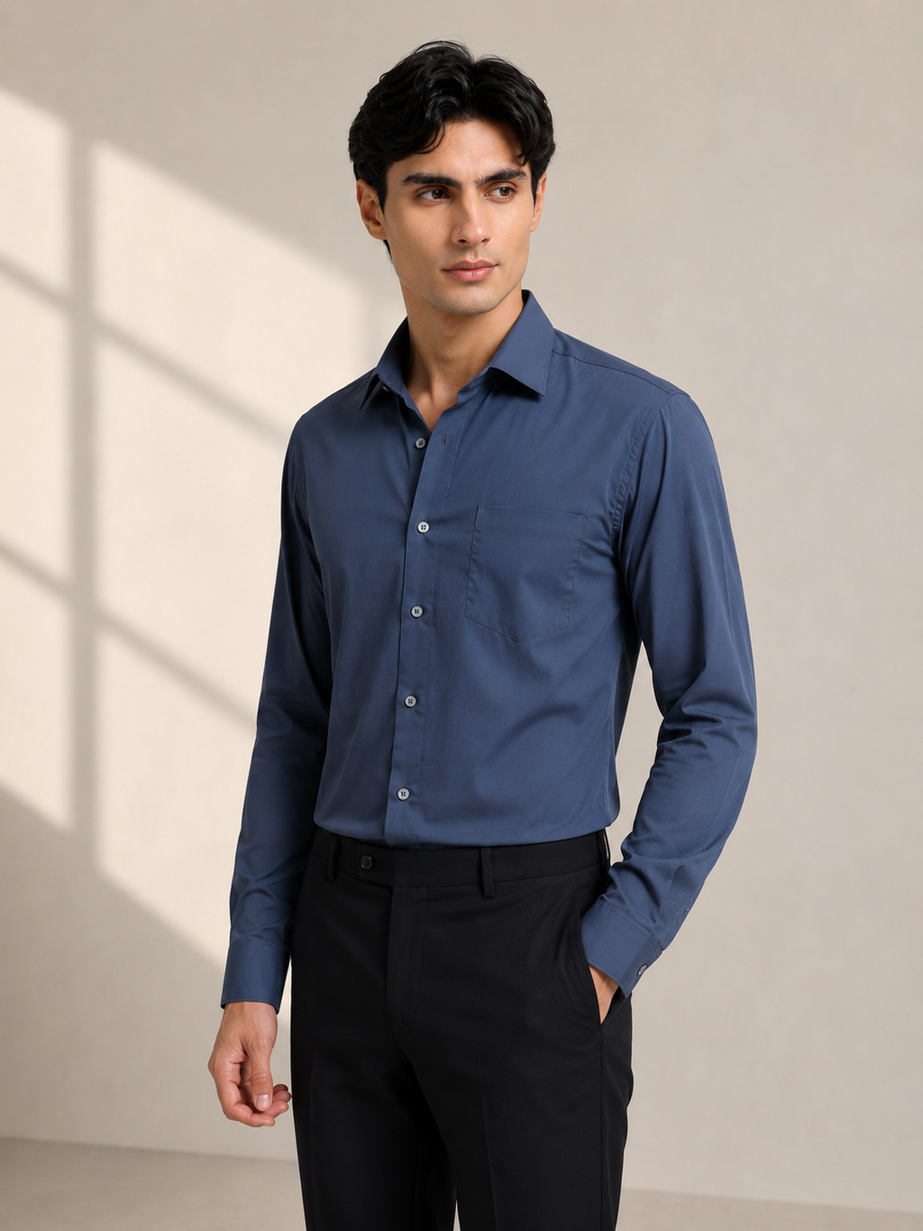 Midnight Slate Cotton Satin Stretch Solid Shirt
