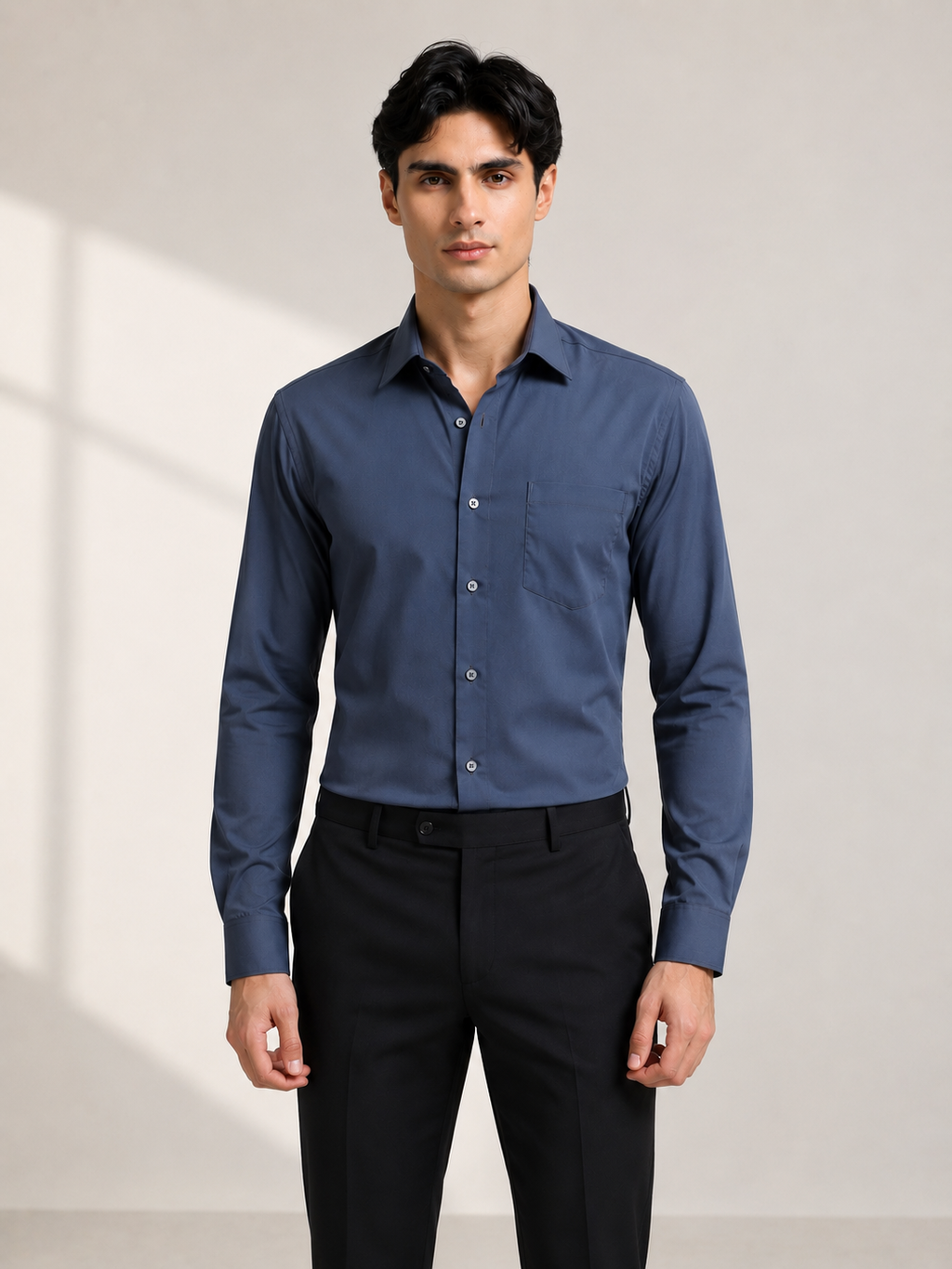 Midnight Slate Cotton Satin Stretch Solid Shirt