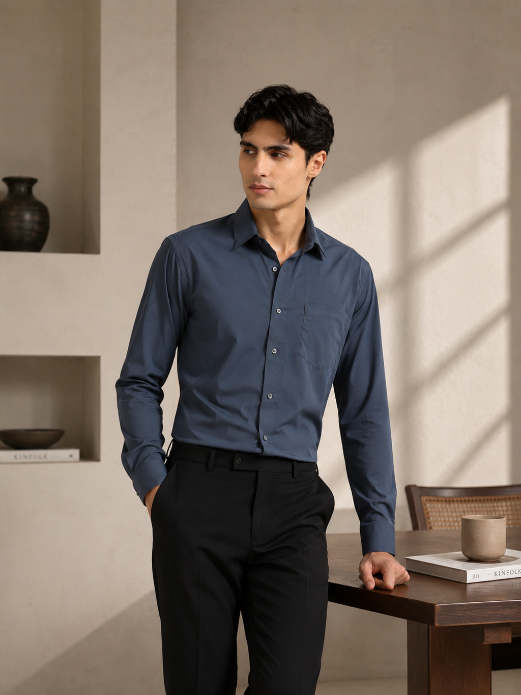 Midnight Slate Cotton Satin Stretch Solid Shirt